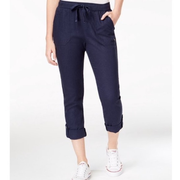 Roxy Blue Flax Linen Viscose Roll Tab Convertible Drawstring Pants - Picture 1 of 11